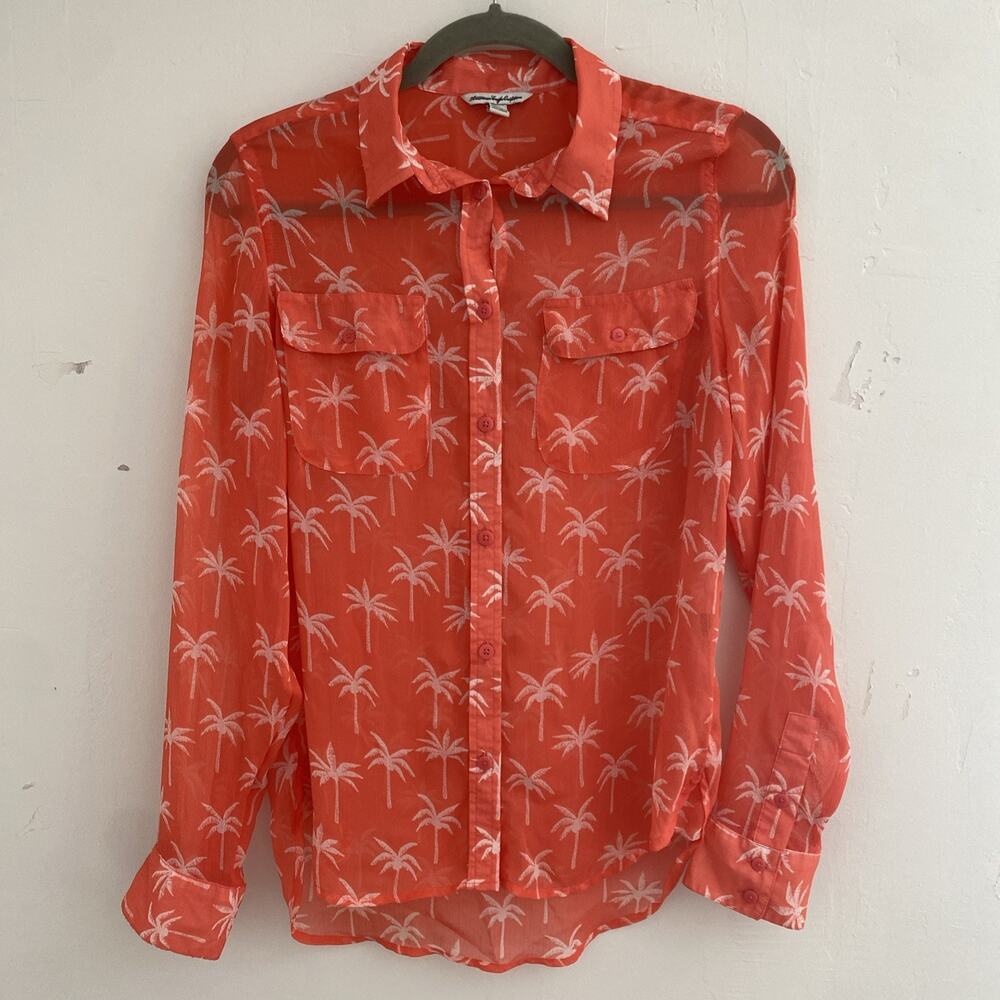 American Eagle Shirt Womens S Sheer Button Up Hawaiian Pink Top Blouse Tropical